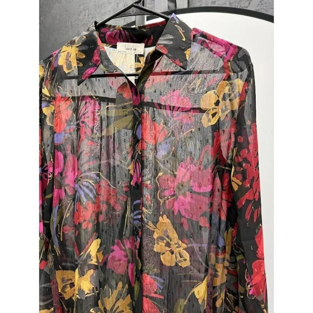 Sadie & Sage Black Floral Sheer Shirt - Picture 2 of 5